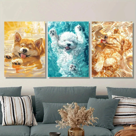 3pcs Puppy in Water Funny Dog Happy Life Metal Print Ready to Hang Art