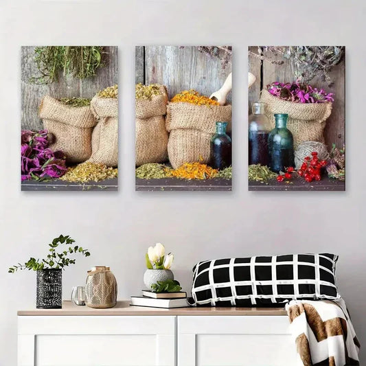 3pcs Dried Herbs & Glass Bottles, Vintage Nature Metal Print Ready to Hang Art