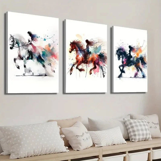 3pcs Girl Knights on Horseback Wall Art Set Canvas Framed 40x60cm - High Quality Print 100% Australian Made Wall Canvas Ready to Hang