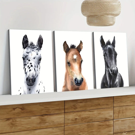 3pcs Chic Horse Modern Animal White Brown Black Wall Art Set Canvas Framed 40x60cm - High Quality Print 100% Australian Made Wall Canvas Ready to Hang