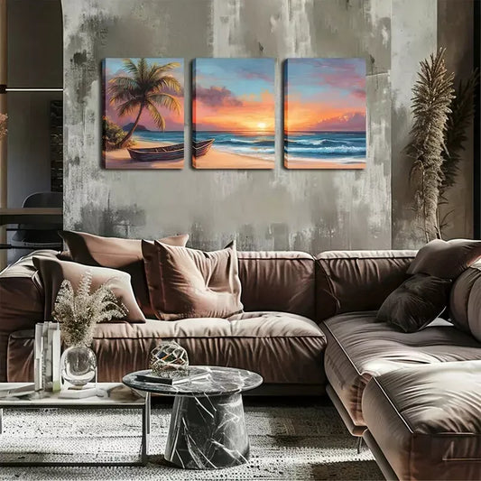 3pcs Sunshine, Beach, Small Boat, Triptych  Wall Art Set Canvas Framed 40x60cm - High Quality Print 100% Australian Made Wall Canvas Ready to Hang
