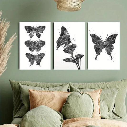 3pcs Black and White Butterfly & Floral Metal Print Ready to Hang Art