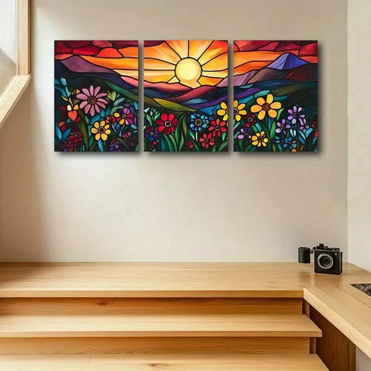 3pcs Vibrant Stained Glass Style Landscape Metal Print Ready to Hang Art