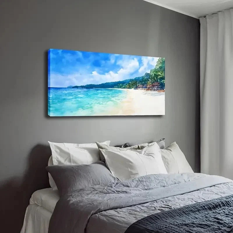 Lush Greenery Sandy Shoreline Wall Art Canvas Office Home Room Framed 80x45cm