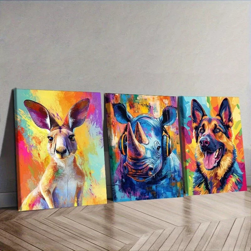 3pcs  Featuring Animals In Colorful Background Wall Art Set Canvas Framed 40x60cm - High Quality Print 100% Australian Made Wall Canvas Ready to Hang