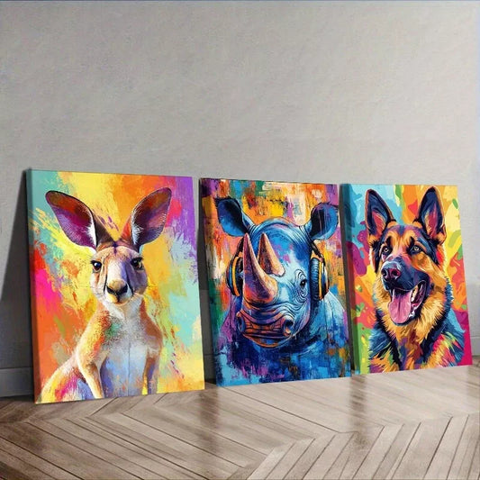 3pcs  Featuring Animals In Colorful Background Wall Art Set Canvas Framed 40x60cm - High Quality Print 100% Australian Made Wall Canvas Ready to Hang