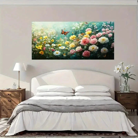 Floral Garden With Butterflies Wall Art Canvas Office Home Room Framed 80x45cm