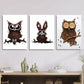 3pcs   Owl, Bunny & Rabbit Designs with Coffee Cup Metal Print Ready to Hang Art