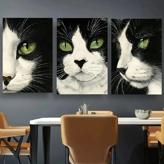 3pcs Black And White Cat Stunning Green Eyes Metal Print Ready to Hang Art
