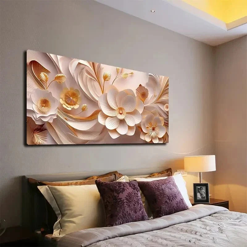 Elegant Beige and Golden Floral Wall Art Canvas Office Home Room Framed 120x60cm