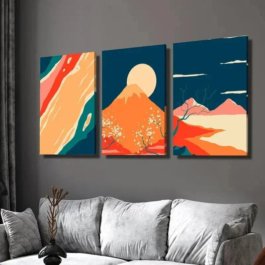 3pcs Cherry Blossom Mountain and Sun Wall Art Set Canvas Framed 40x60cm - High Quality Print 100% Australian Made Wall Canvas Ready to Hang
