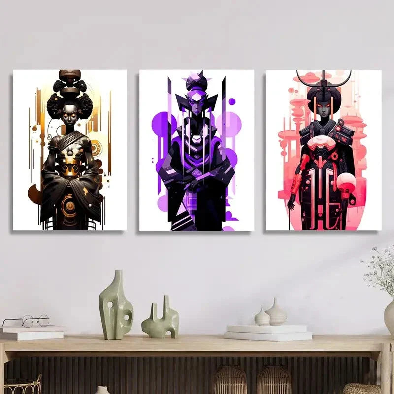 3pcs Female Characters in Golden, Purple and Black  Metal Print Ready to Hang Art Metal Print Ready to Hang Art