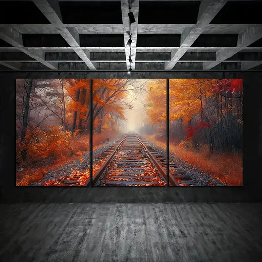 3pcs autumn forest broken train track Metal Print Ready to Hang Art