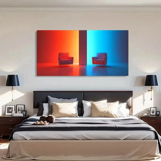 Symmetrical Red And Blue Chair Wall Art Canvas Office Home Room Framed 120x60cm
