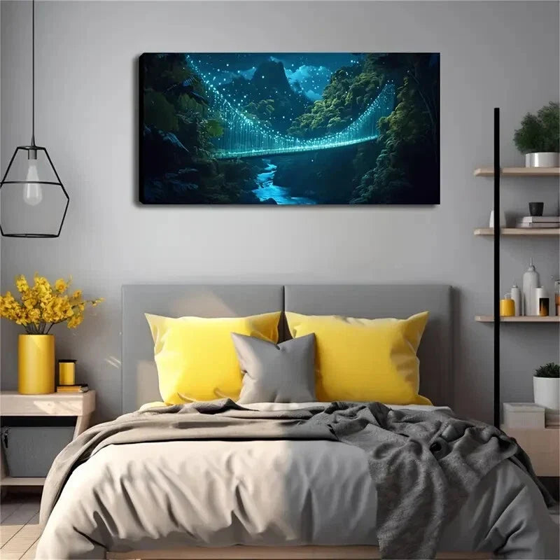 Suspension Bridge Over Valley Wall Art Canvas Office Home Room Framed 120x60cm