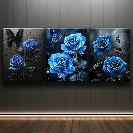 3pcs Blue Modern Flowers Black Butterflies Metal Print Ready to Hang Art