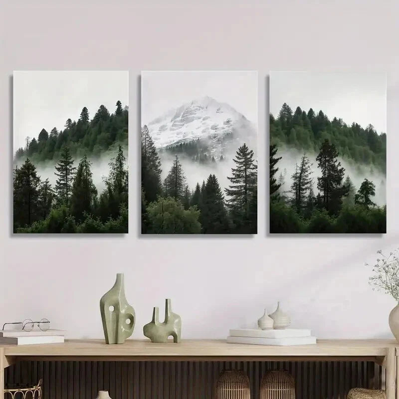 3pcs forests and mountains with rising mist, Metal Print Ready to Hang Art
