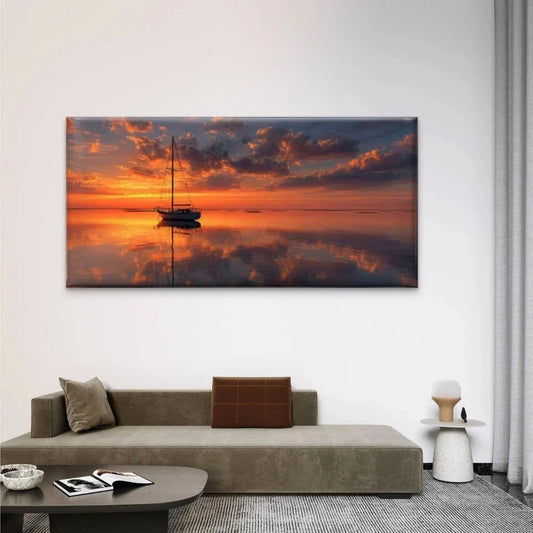 Orange Sky & Water Reflections Wall Art Canvas Office Home Room Framed 120x60cm