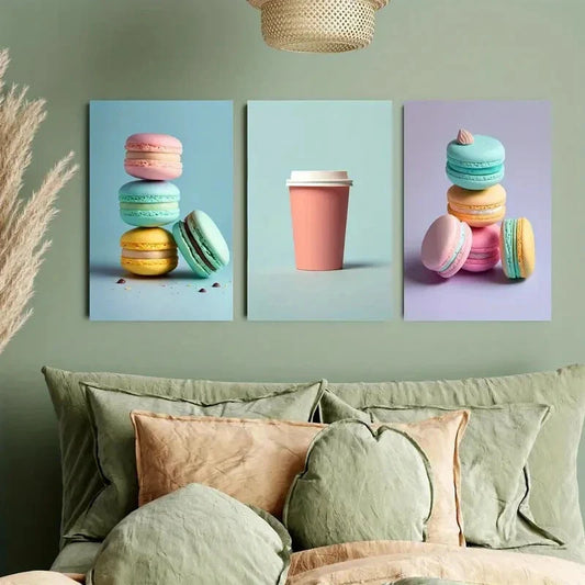 3pcs Stacked Macarons and Cappuccino Coffee Metal Print Ready to Hang Art