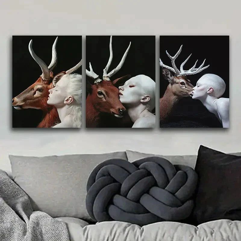 3pcs White Deer, girl Art Painting Metal Print Ready to Hang Art