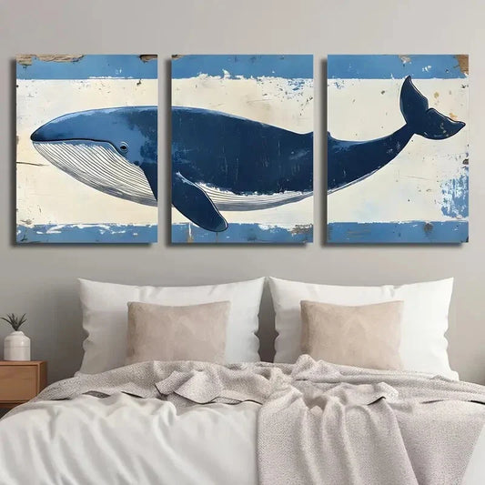 3pcs Woodcut Style Whale Nautical Vintage Blue Metal Print Ready to Hang Art