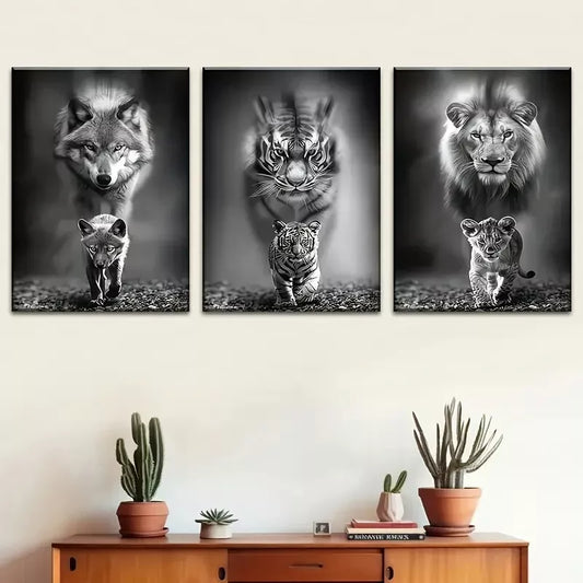 3pcs  Black & White Wildlife Wolf, Tiger, Lion  Wall Art Set Canvas Framed 40x60cm - High Quality Print 100% Australian Made Wall Canvas Ready to Hang
