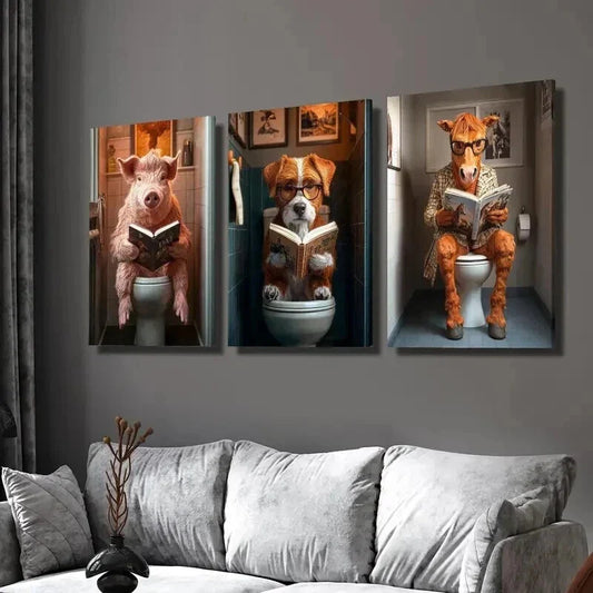 3pcs Funny Pig Dog & Horse in Bathroom Wall Art Set Canvas Framed 40x60cm - High Quality Print 100% Australian Made Wall Canvas Ready to Hang