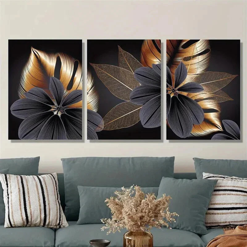 3pcs Golden Leaf Monstera Black Gold Plant Metal Leaves Print Ready to Hang Art