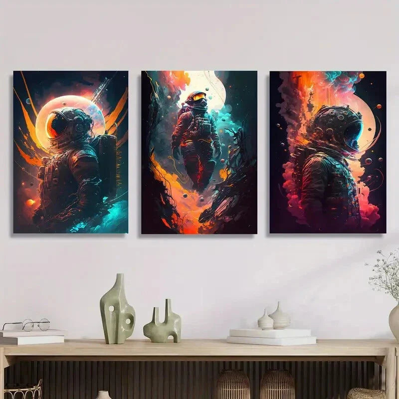 3pcs Fantasy Astronaut Classic Modern Metal Print Ready to Hang Art