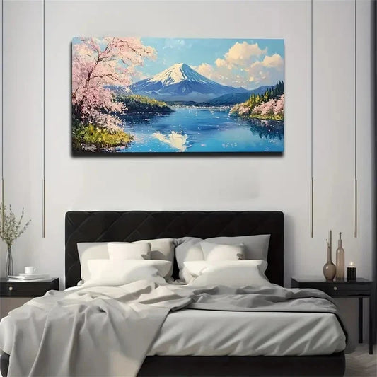Cherry Blossom Trees Calm Lake Wall Art Canvas Office Home Room Framed 120x60cm