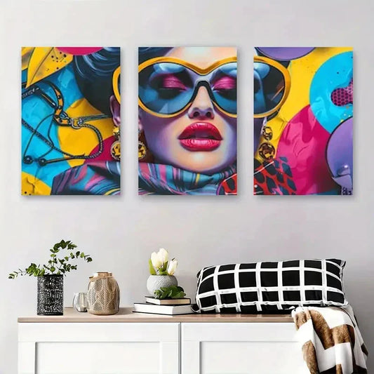 3pcs Woman with Oversized Fashion Glasses Metal Print Ready to Hang Art