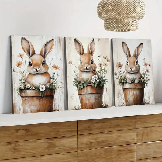 3pcs Cute Little Rabbit Flower Pot Elegant Wall Art Set Canvas Framed 40x60cm - High Quality Print 100% Australian Made Wall Canvas Ready to Hang