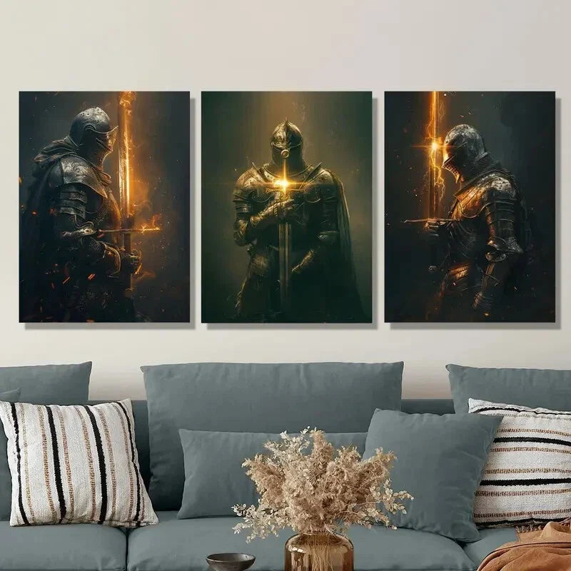 3pcs  Flame knight art of knight wearing full armor  Metal Print Ready to Hang Art
