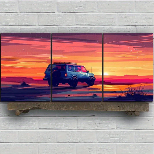 3pcs Desert Car Sunset Brown Purple Metal Print Ready to Hang Art