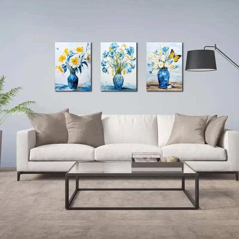 3pcs  White and Blue Daisy in Pretty Vase Picture   Metal Print Ready to Hang Art