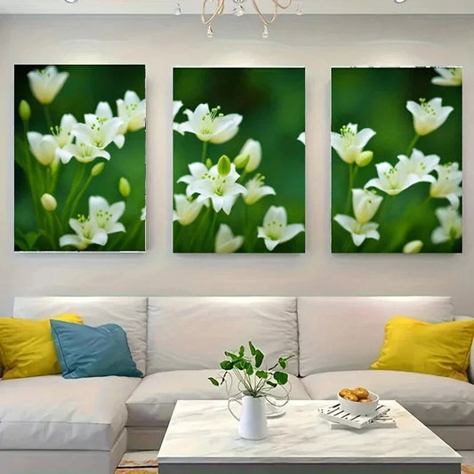 3pcs A Close-Up Of White Florals Green Leaves Metal Print Ready to Hang Art