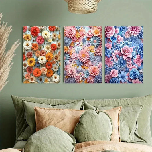 3pcs Vibrant Marigold & Floral Metal Print Ready to Hang Art