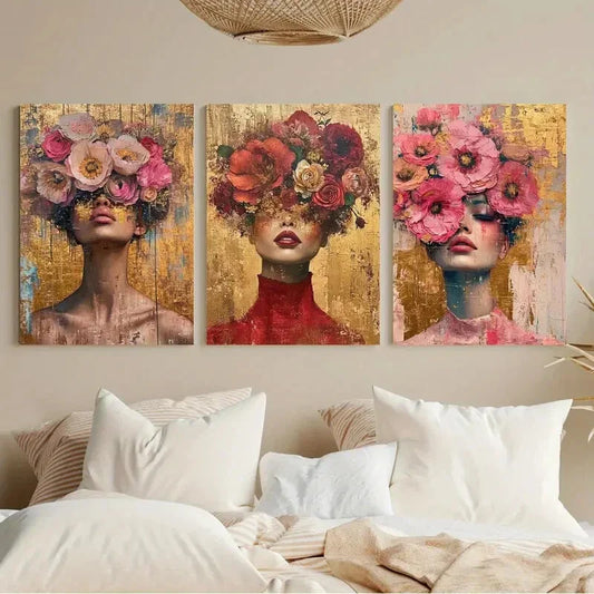 3pcs Elegant Abstract Floral Portraits Metal Print Ready to Hang Art