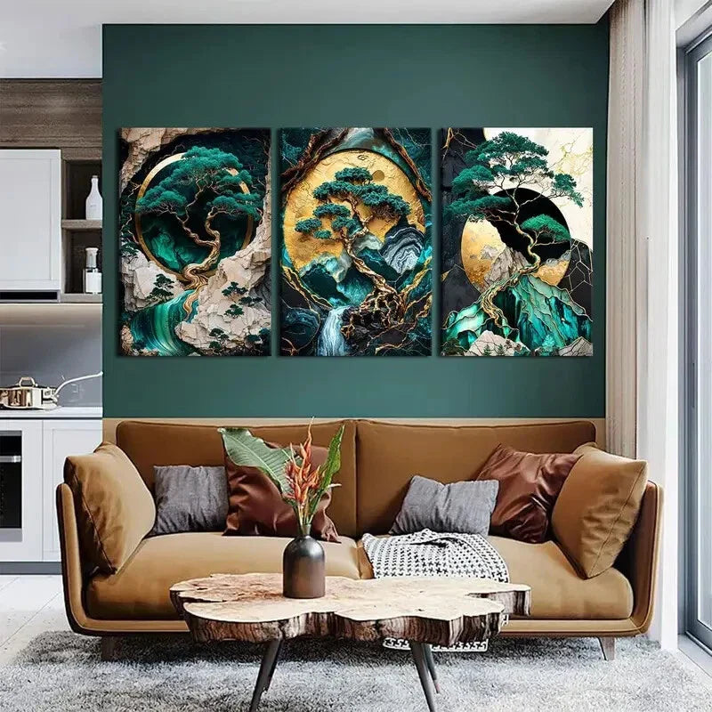 3pcs  green and Golden landscape oil paintings Metal Print Ready to Hang Art