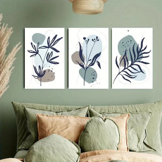 3pcs Modern Abstract Blue Leaf Design Metal Print Ready to Hang Art