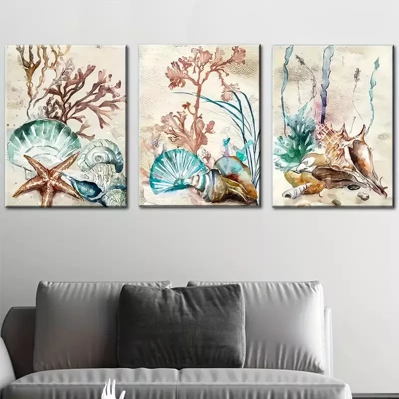 3pcs Underwater World with Seaweed, Starfish   Wall Art Set Canvas Framed 40x60cm - High Quality Print 100% Australian Made Wall Canvas Ready to Hang