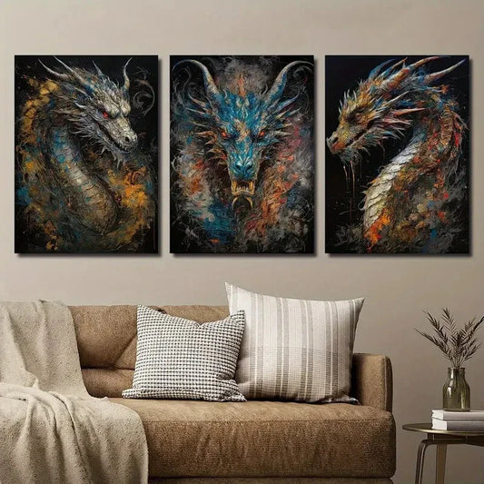 3pcs Vibrant Colorful Dragon Vintage Fantasy Metal Print Ready to Hang Art