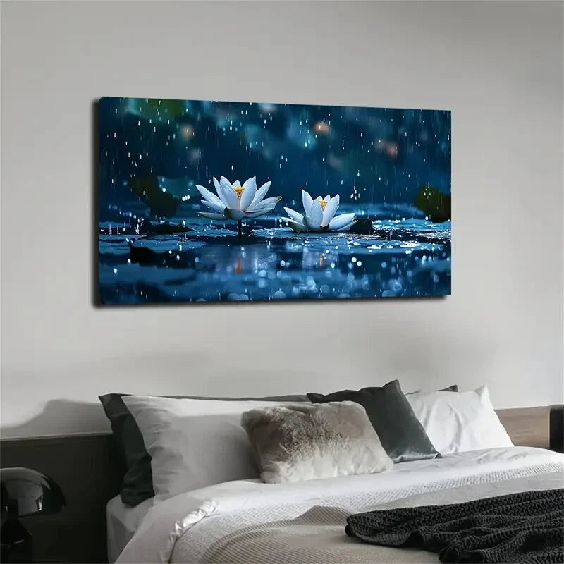 Two White Water Lilies Blooming Wall Art Canvas Office Home Room Framed 120x60cm