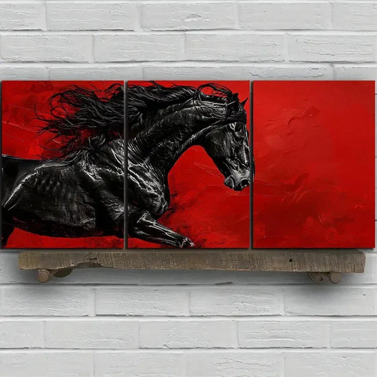 3pcs Black Horse Modern Equestrian Metal Print Ready to Hang Art