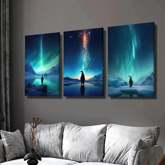 3pcs Penguins Under the Northern Lights Wall Art Set Canvas Framed 40x60cm - High Quality Print 100% Australian Made Wall Canvas Ready to Hang