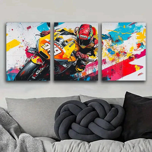 3pcs Orange & Yellow Motorcycle Rider Perfect Wall Art Set Canvas Framed 40x60cm - High Quality Print 100% Australian Made Wall Canvas Ready to Hang