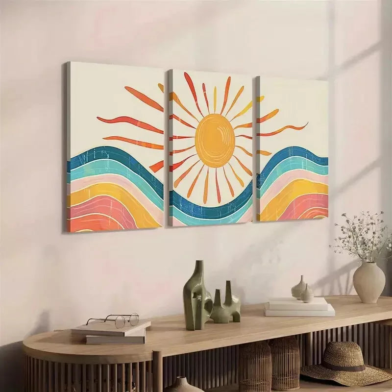 3pcs Mid-Century Abstract Landscape Canvas Framed 40x60cm - High Quality Print 100% Australian Made Wall Canvas Ready to Hang
