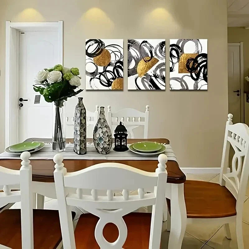 3pcs Modern Abstract Golden Black and White Metal Print Ready to Hang Art