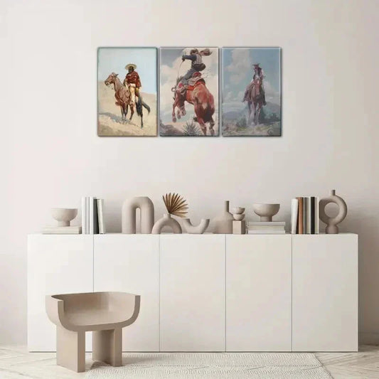 3pcs Mexican Cowboy Vintage Painting Wild West Metal Print Ready to Hang Art
