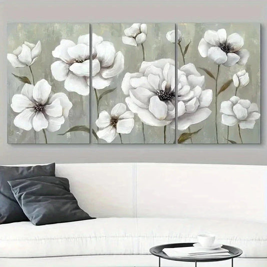 3pcs White Floral Elegant Beautiful Metal Print Ready to Hang Art